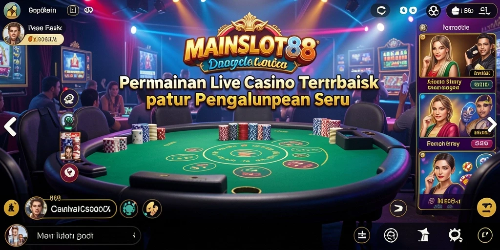 Screenshot gameplay MAINSLOT88 menampilkan dealer profesional dan suasana kasino langsung.