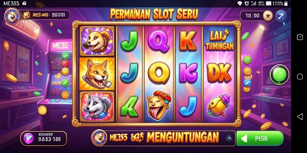 Tampilan gameplay menarik dari ME355 dengan slot yang penuh warna dan fitur bonus.