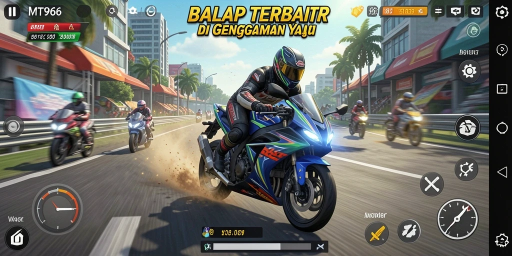 Screenshot exciting dari gameplay balapan motor di MT966.