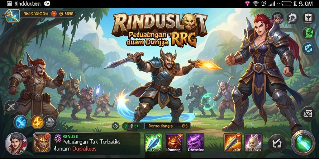 Screenshot gameplay RINDUSLOT menampilkan pertarungan epik dan karakter menarik.