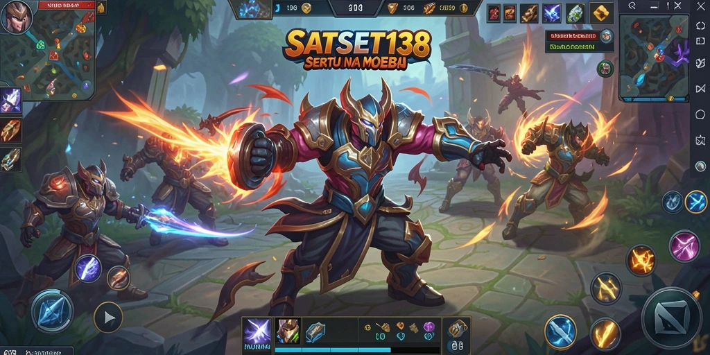 Tangkapan layar utama dalam SATSET138 menampilkan aksi pertempuran seru di arena MOBA.