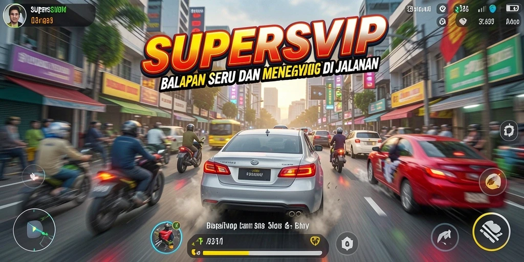 Tangkapan layar gameplay menunjukkan aksi balapan seru di SUPERSVIP.