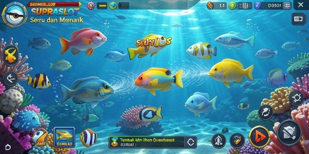 Screenshot utama SUPRASLOT menampilkan gameplay Tembak Ikan yang seru.