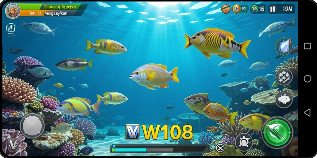 Screenshot gameplay VW108 yang menampilkan aksi tembak ikan yang seru.